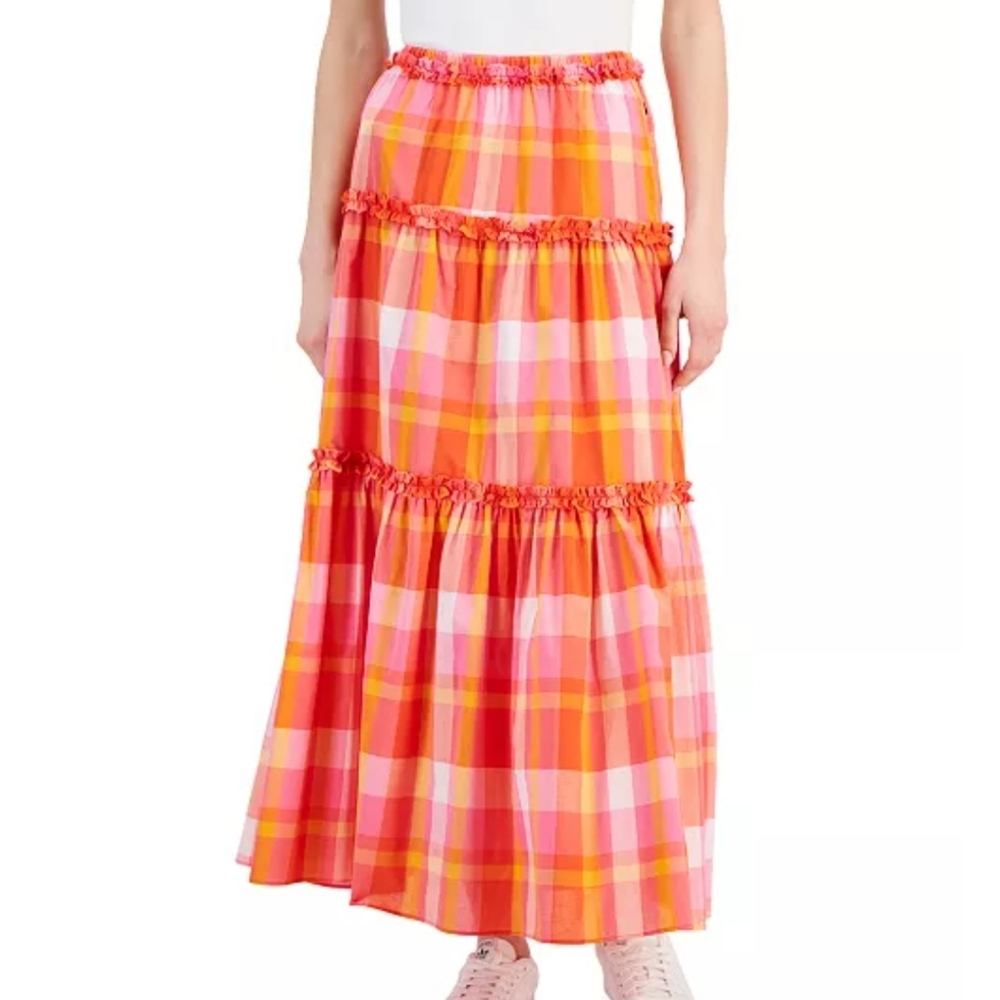 Nautica Jeans Women's Cotton Plaid-Print Ruffle-Trim Maxi‎ Skirt Summer Spring M